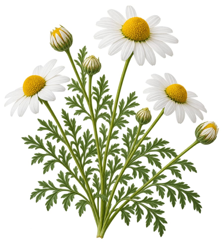 קמומיל (Matricaria chamomilla) — פרחים ועלים